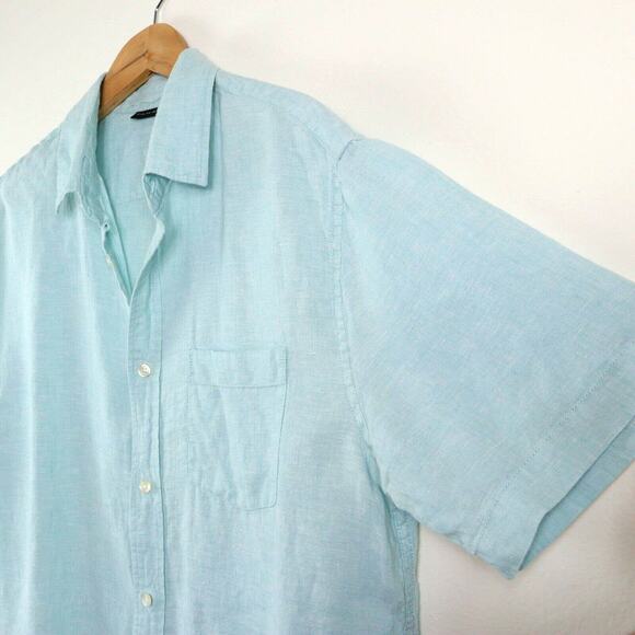 Tahari Men's L Woven Linen Button Down Shirt Short Sleeve Light Blue - Picture 3 of 8